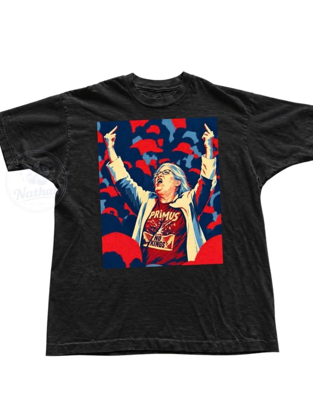 Black Short-Sleeve Primus Graphic Tee with Red and Blue Print